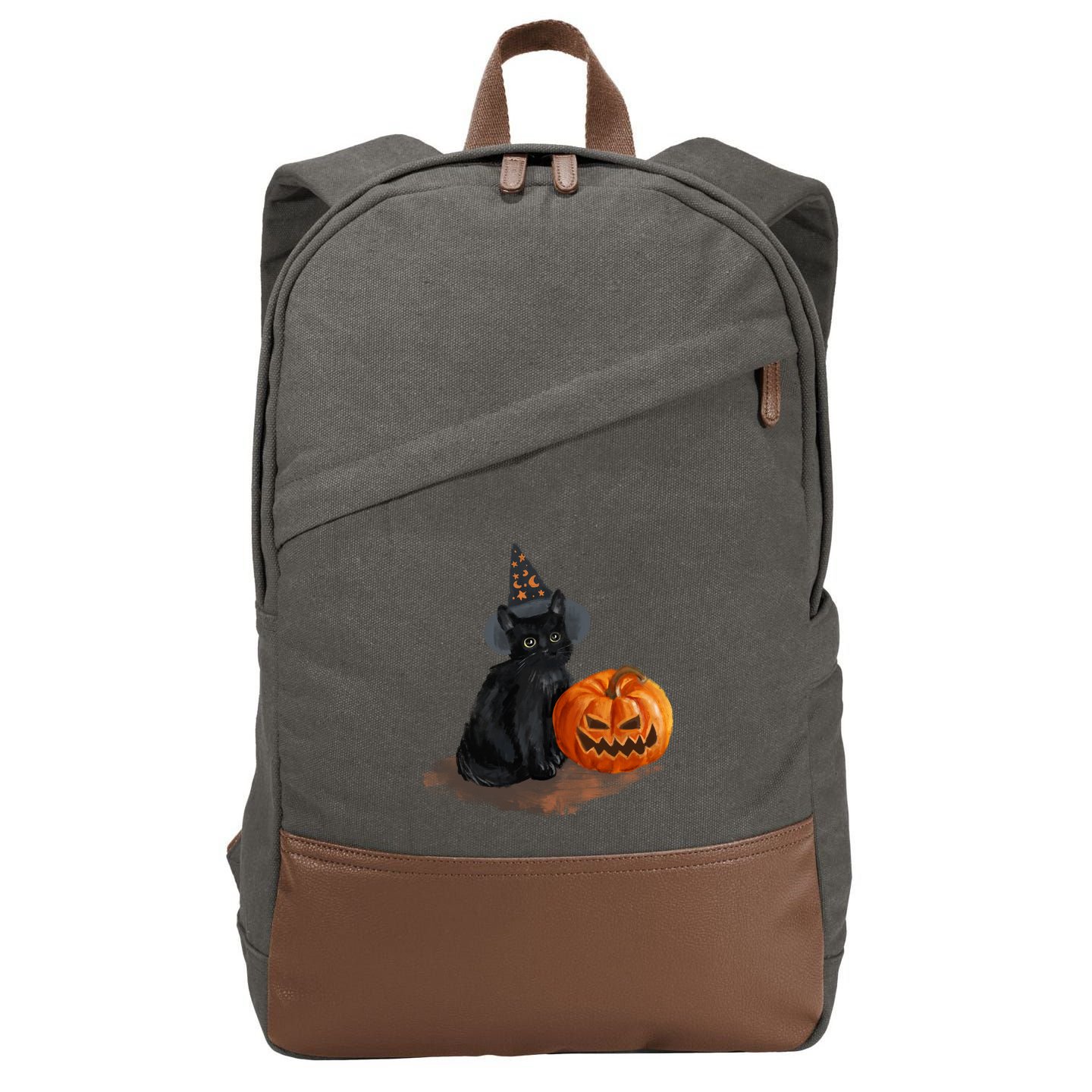 Witch Black Cat Pumpkin Halloween Cotton Canvas Backpack