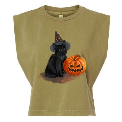 Witch Black Cat Pumpkin Halloween Garment-Dyed Women's Muscle Tee