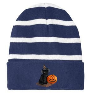 Witch Black Cat Pumpkin Halloween Striped Beanie with Solid Band