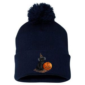 Witch Black Cat Pumpkin Halloween Pom Pom 12in Knit Beanie