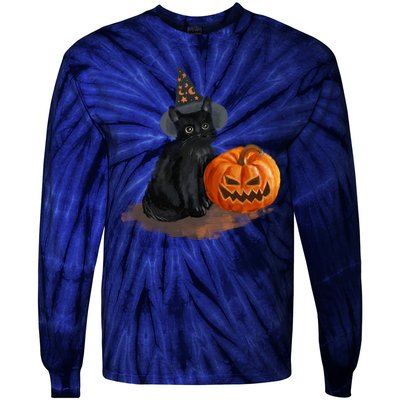 Witch Black Cat Pumpkin Halloween Tie-Dye Long Sleeve Shirt