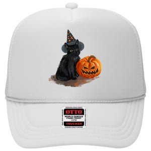 Witch Black Cat Pumpkin Halloween High Crown Mesh Back Trucker Hat