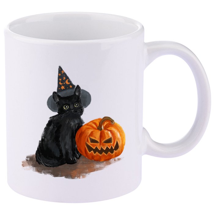 Witch Black Cat Pumpkin Halloween 11oz C Handle Ceramic Mug