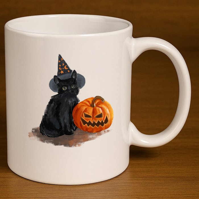 Witch Black Cat Pumpkin Halloween 11oz C Handle Ceramic Mug