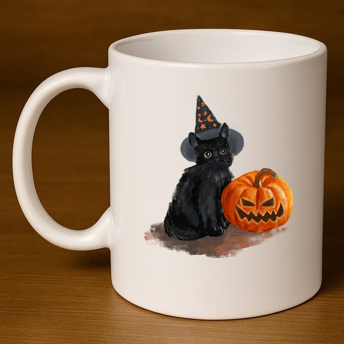 Witch Black Cat Pumpkin Halloween 11oz C Handle Ceramic Mug