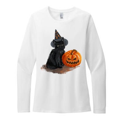 Witch Black Cat Pumpkin Halloween Womens CVC Long Sleeve Shirt