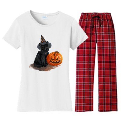 Witch Black Cat Pumpkin Halloween Women's Flannel Pajama Set