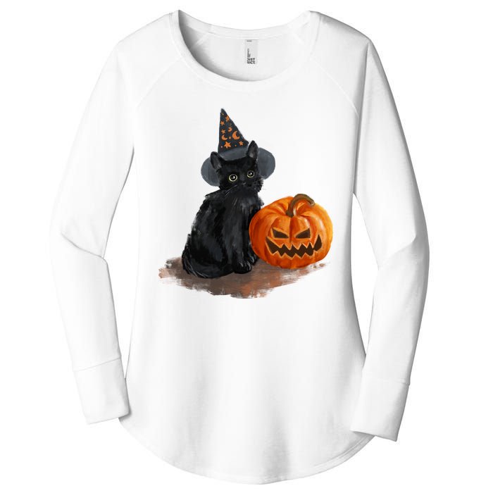 Witch Black Cat Pumpkin Halloween Women's Perfect Tri Tunic Long Sleeve Shirt