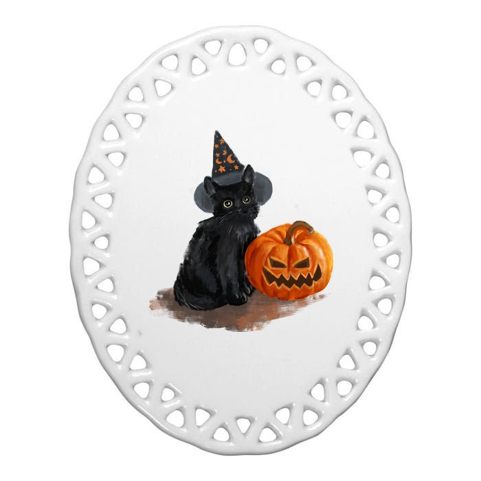 Witch Black Cat Pumpkin Halloween Ceramic Oval Ornament