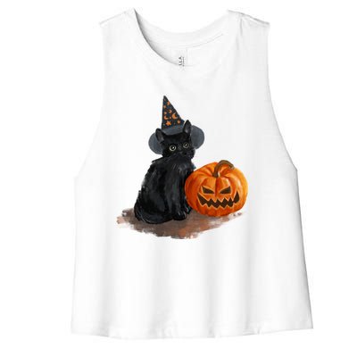 Witch Black Cat Pumpkin Halloween Women's Racerback Cropped Tank