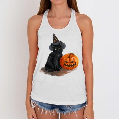 Witch Black Cat Pumpkin Halloween Women's Knotted Racerback Tank