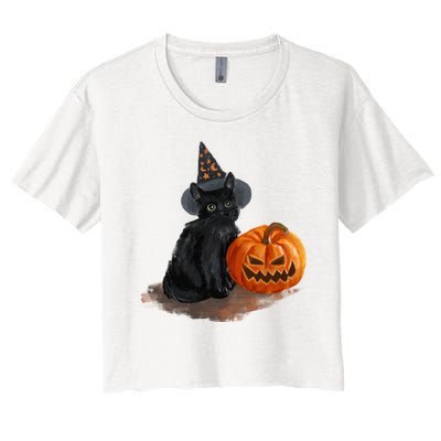 Witch Black Cat Pumpkin Halloween Women's Crop Top Tee