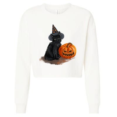 Witch Black Cat Pumpkin Halloween Cropped Pullover Crew