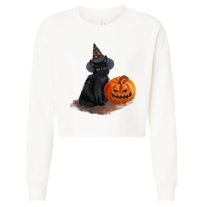 Witch Black Cat Pumpkin Halloween Cropped Pullover Crew