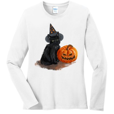 Witch Black Cat Pumpkin Halloween Ladies Long Sleeve Shirt