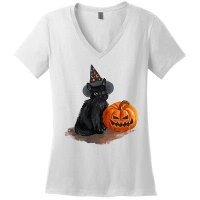 Witch Black Cat Pumpkin Halloween Women's V-Neck T-Shirt