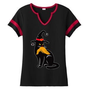 Witch Black Cat Kamala Harris Halloween Trump Hair Ladies Halftime Notch Neck Tee