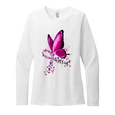 Warrior Breast Cancer Awareness Pink Ribbons Butterfly Womens CVC Long Sleeve Shirt