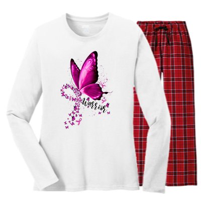 Warrior Breast Cancer Awareness Pink Ribbons Butterfly Women's Long Sleeve Flannel Pajama Set 