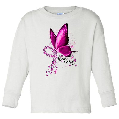 Warrior Breast Cancer Awareness Pink Ribbons Butterfly Toddler Long Sleeve Shirt