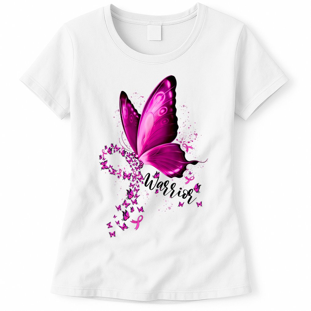 Warrior Breast Cancer Awareness Pink Ribbons Butterfly Womens T-Shirt