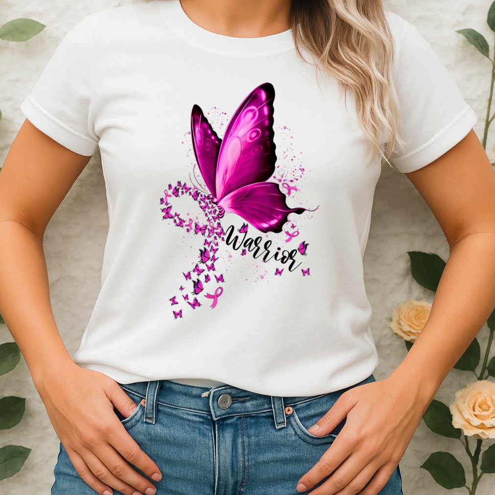 Warrior Breast Cancer Awareness Pink Ribbons Butterfly Womens T-Shirt