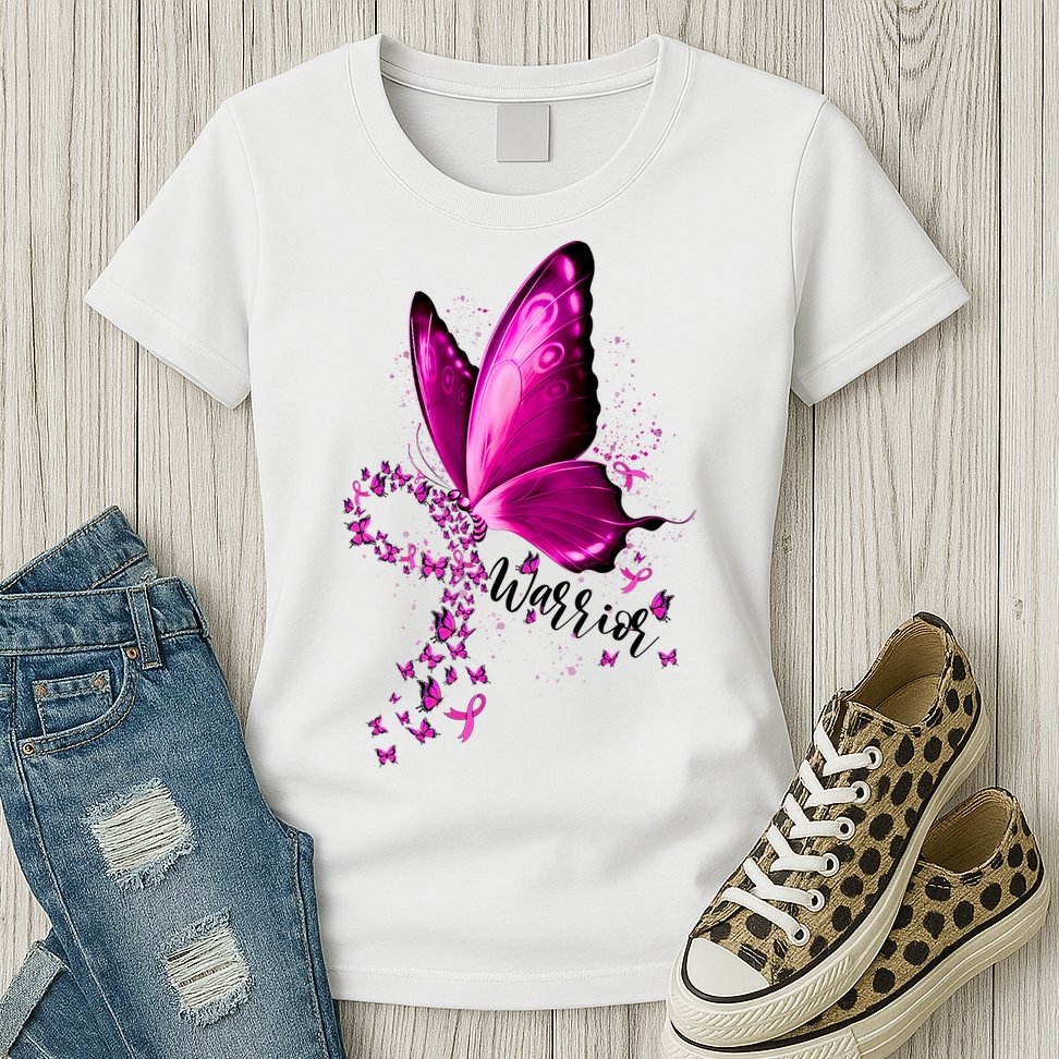 Warrior Breast Cancer Awareness Pink Ribbons Butterfly Womens T-Shirt