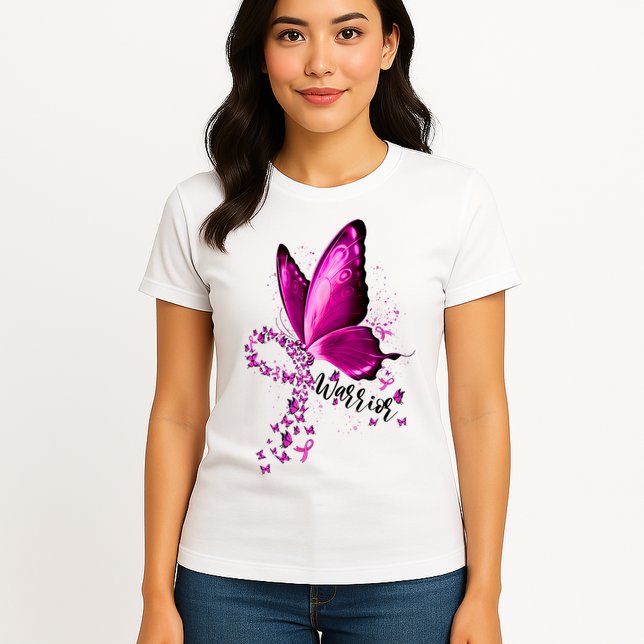 Warrior Breast Cancer Awareness Pink Ribbons Butterfly Womens T-Shirt
