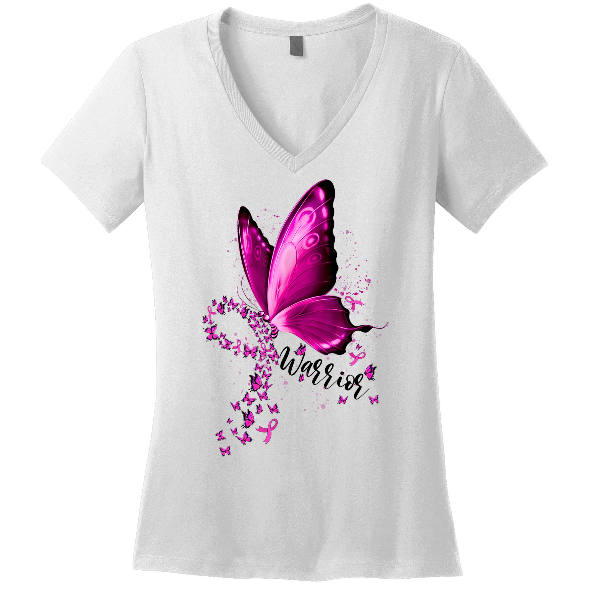 Warrior Breast Cancer Awareness Pink Ribbons Butterfly Women's V-Neck T-Shirt