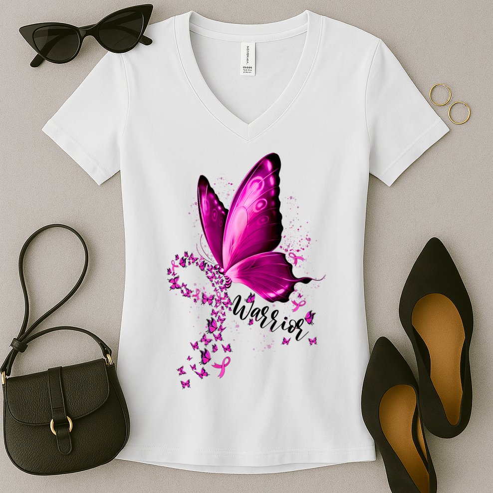 Warrior Breast Cancer Awareness Pink Ribbons Butterfly Women's V-Neck T-Shirt