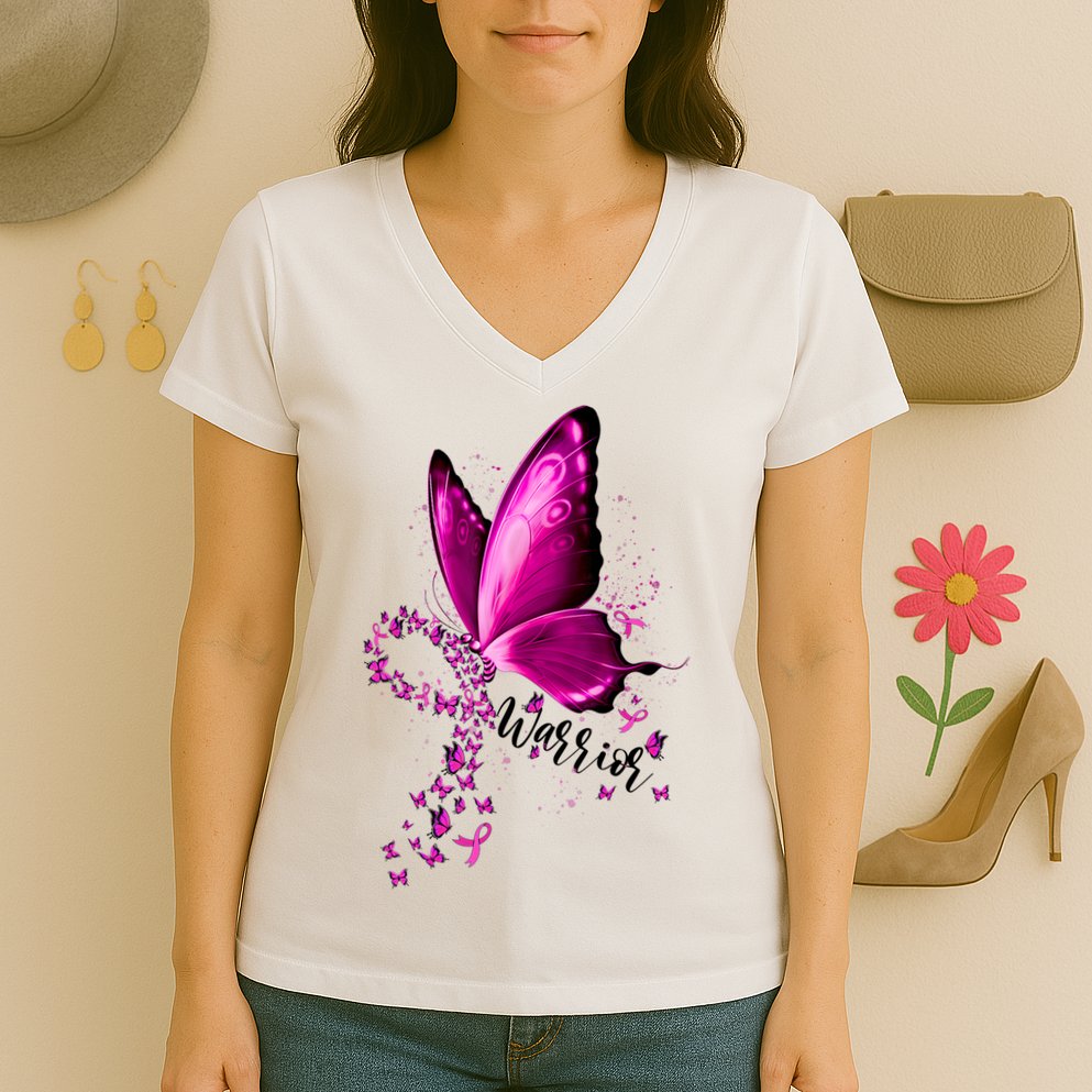 Warrior Breast Cancer Awareness Pink Ribbons Butterfly Women's V-Neck T-Shirt