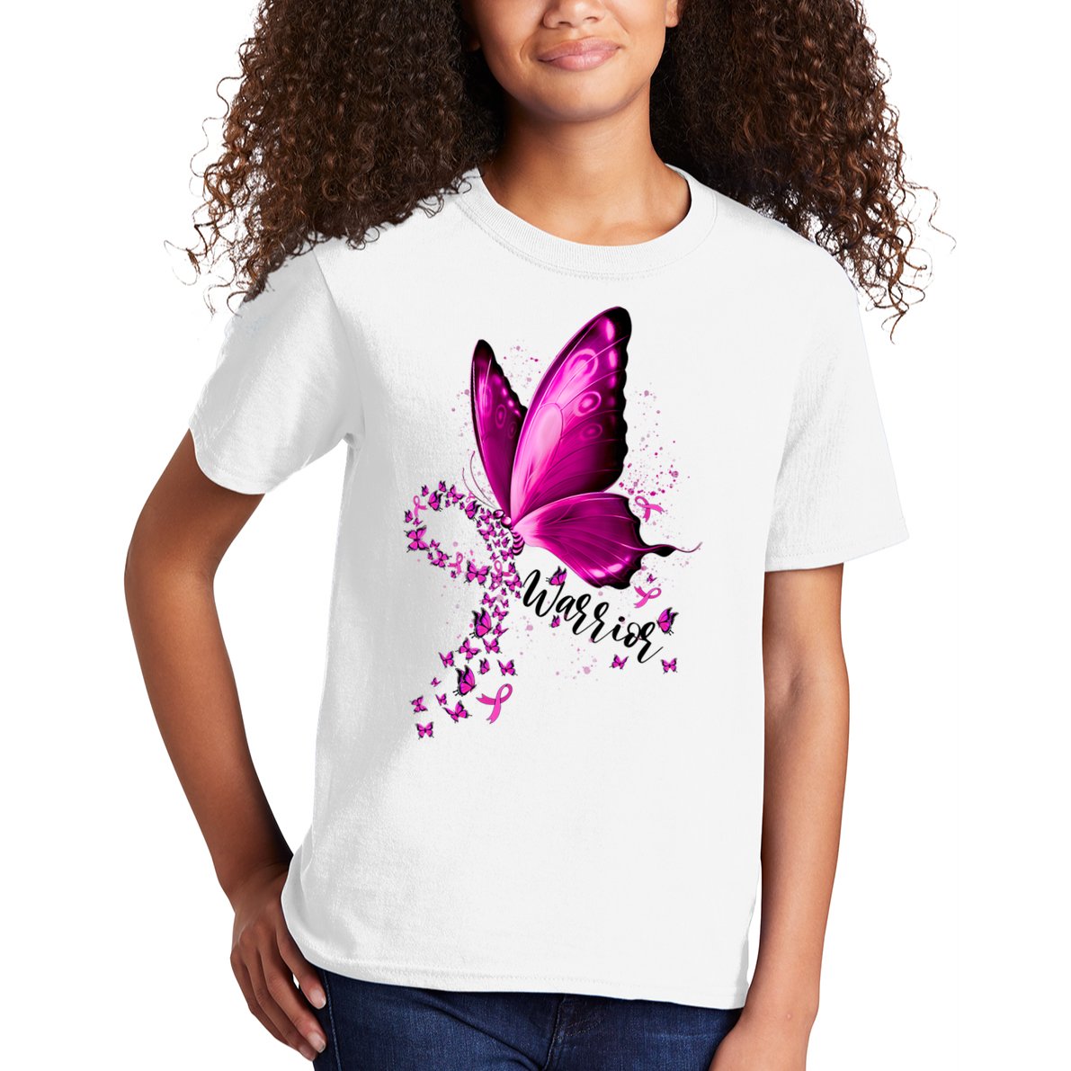 Warrior Breast Cancer Awareness Pink Ribbons Butterfly Kids T-Shirt
