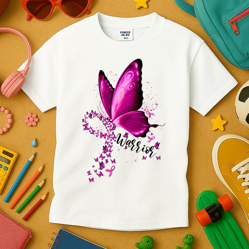 Warrior Breast Cancer Awareness Pink Ribbons Butterfly Kids T-Shirt