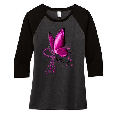 Warrior Breast Cancer Awareness Pink Ribbons Butterfly Women's Tri-Blend 3/4-Sleeve Raglan Shirt