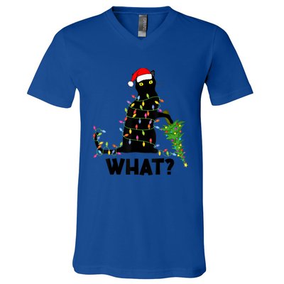 What? Black Cat Pushing Christmas Tree Over Cat Christmas Gift V-Neck T-Shirt