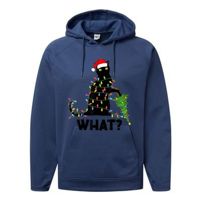 What? Black Cat Pushing Christmas Tree Over Cat Christmas Gift Performance Fleece Hoodie