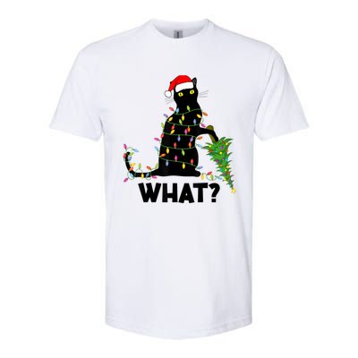 What? Black Cat Pushing Christmas Tree Over Cat Christmas Gift Softstyle® CVC T-Shirt