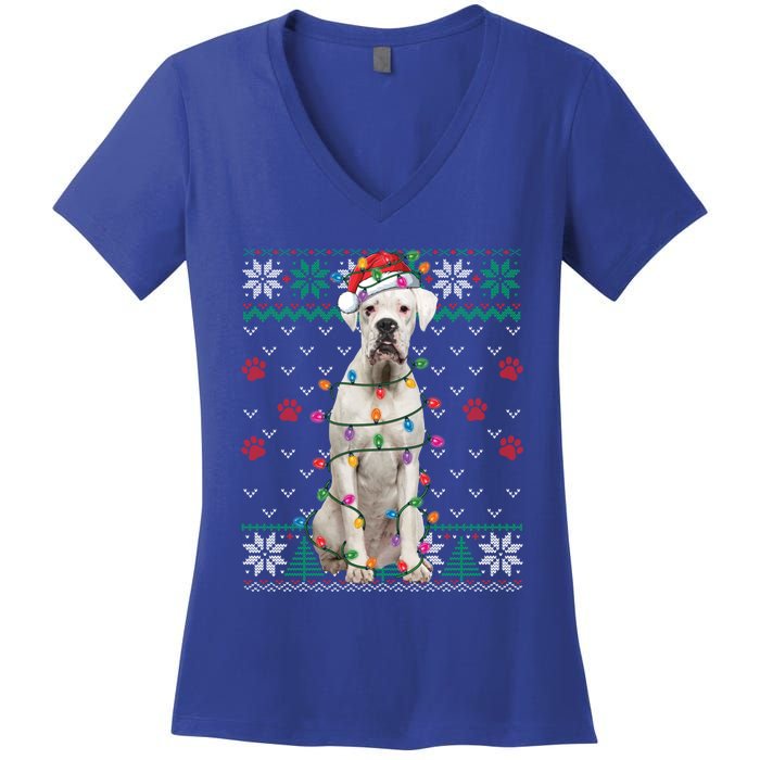 White Boxer Dog Christmas Ugly Sweater Boxer Lover Xmas Gift Women's V-Neck T-Shirt