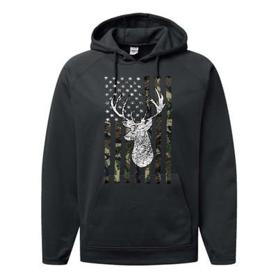 Whitetail Buck Deer Hunting American Camouflage Usa Flag Performance Fleece Hoodie