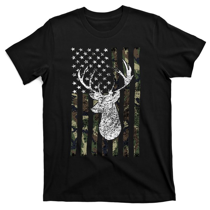 Whitetail Buck Deer Hunting American Camouflage Usa Flag T-Shirt