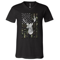 Whitetail Buck Deer Hunting American Camouflage Usa Flag V-Neck T-Shirt