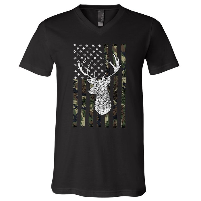 Whitetail Buck Deer Hunting American Camouflage Usa Flag V-Neck T-Shirt