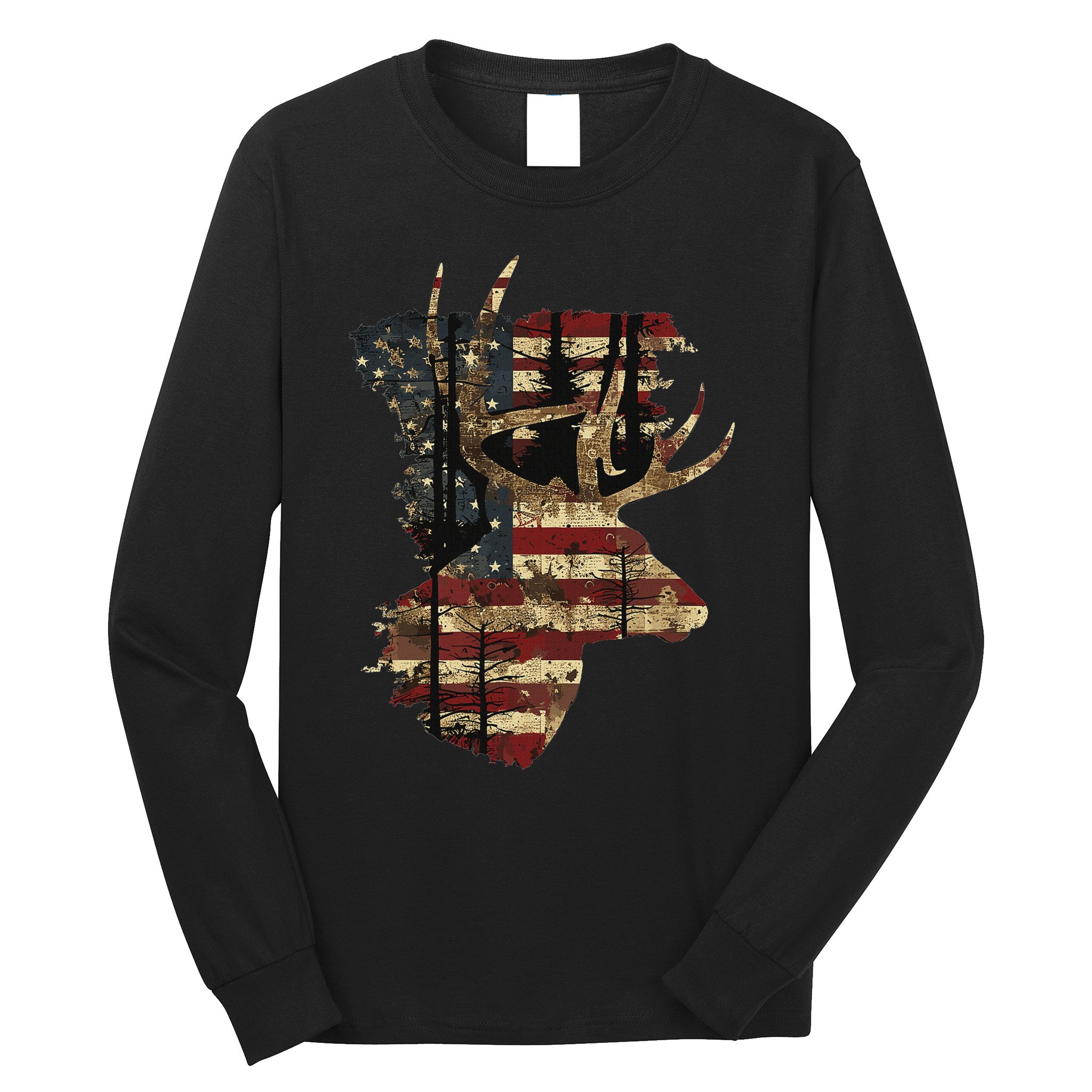Whitetail Buck Deer Hunting Usa American Flag Long Sleeve Shirt