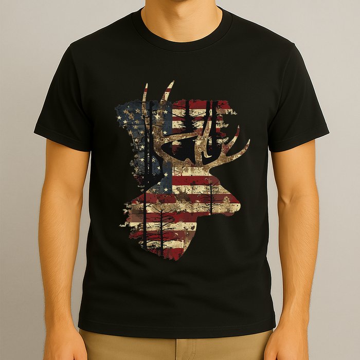 Whitetail Buck Deer Hunting Usa American Flag T-Shirt