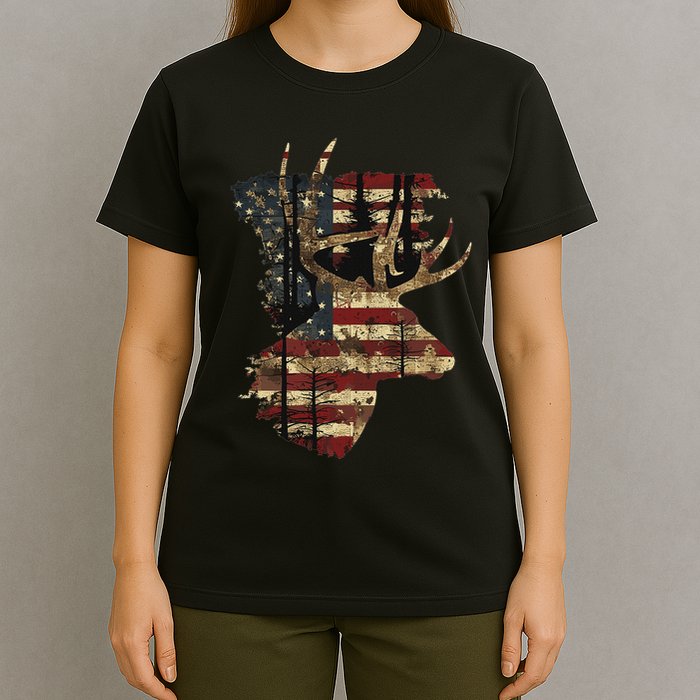 Whitetail Buck Deer Hunting Usa American Flag T-Shirt