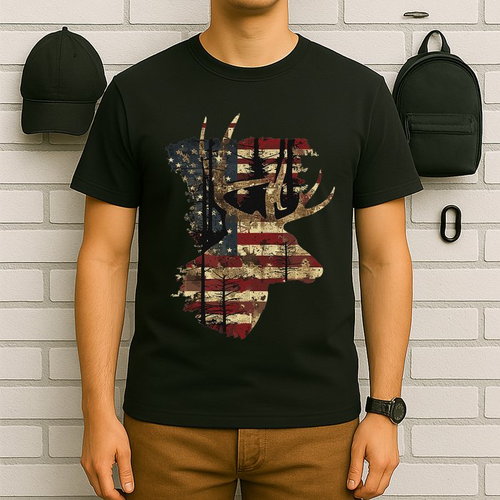 Whitetail Buck Deer Hunting Usa American Flag T-Shirt