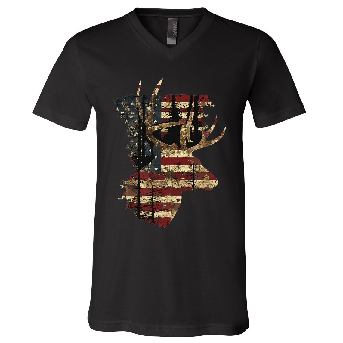 Whitetail Buck Deer Hunting Usa American Flag V-Neck T-Shirt