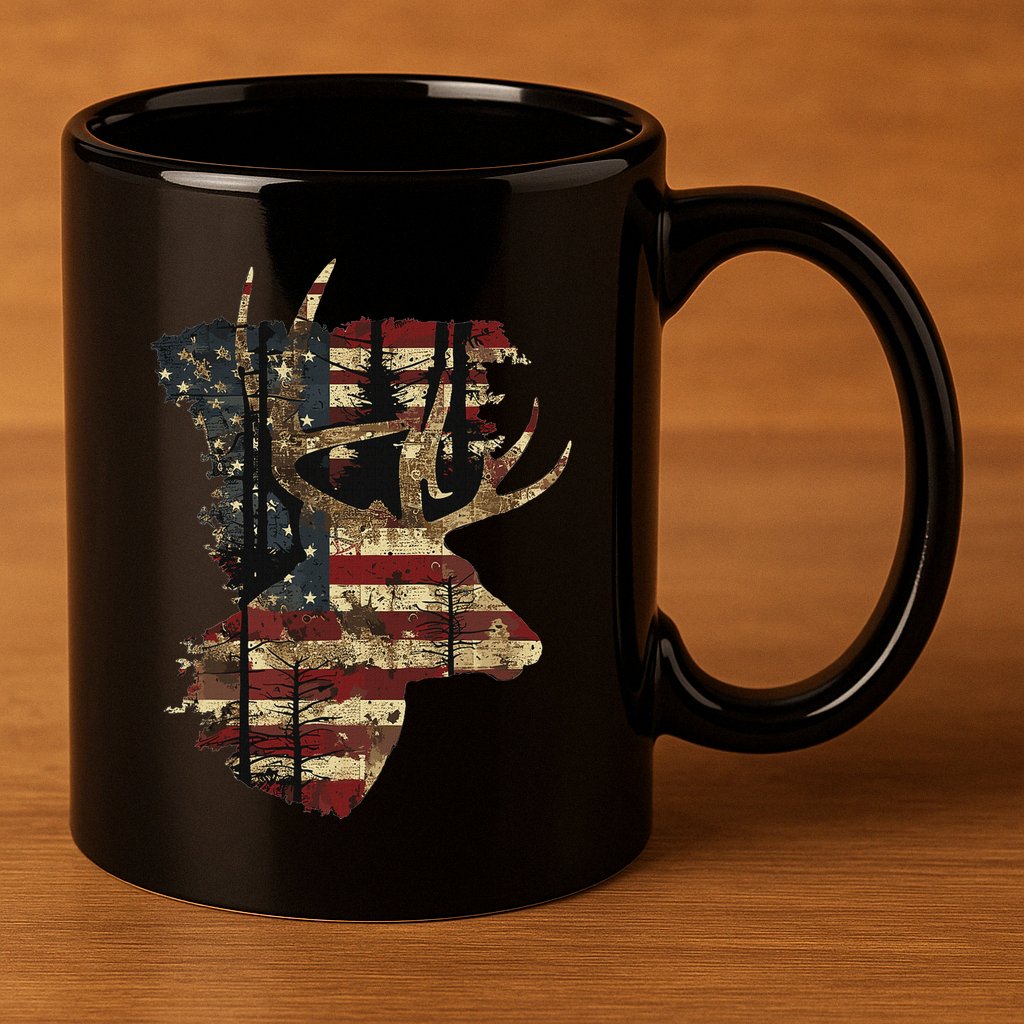Whitetail Buck Deer Hunting Usa American Flag 11oz C Handle Ceramic Mug