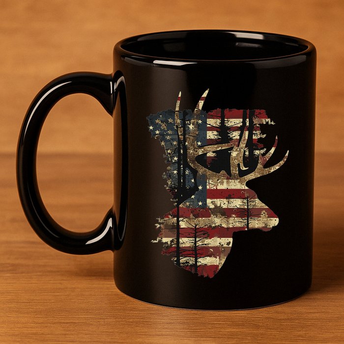 Whitetail Buck Deer Hunting Usa American Flag 11oz C Handle Ceramic Mug