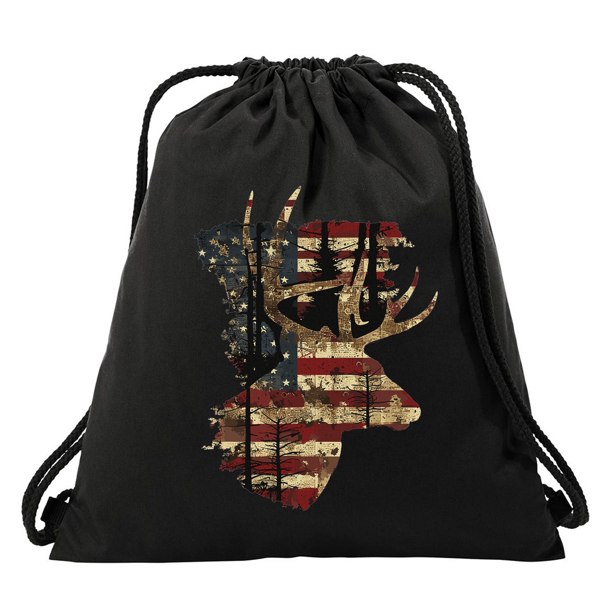 Whitetail Buck Deer Hunting Usa American Flag Drawstring Bag